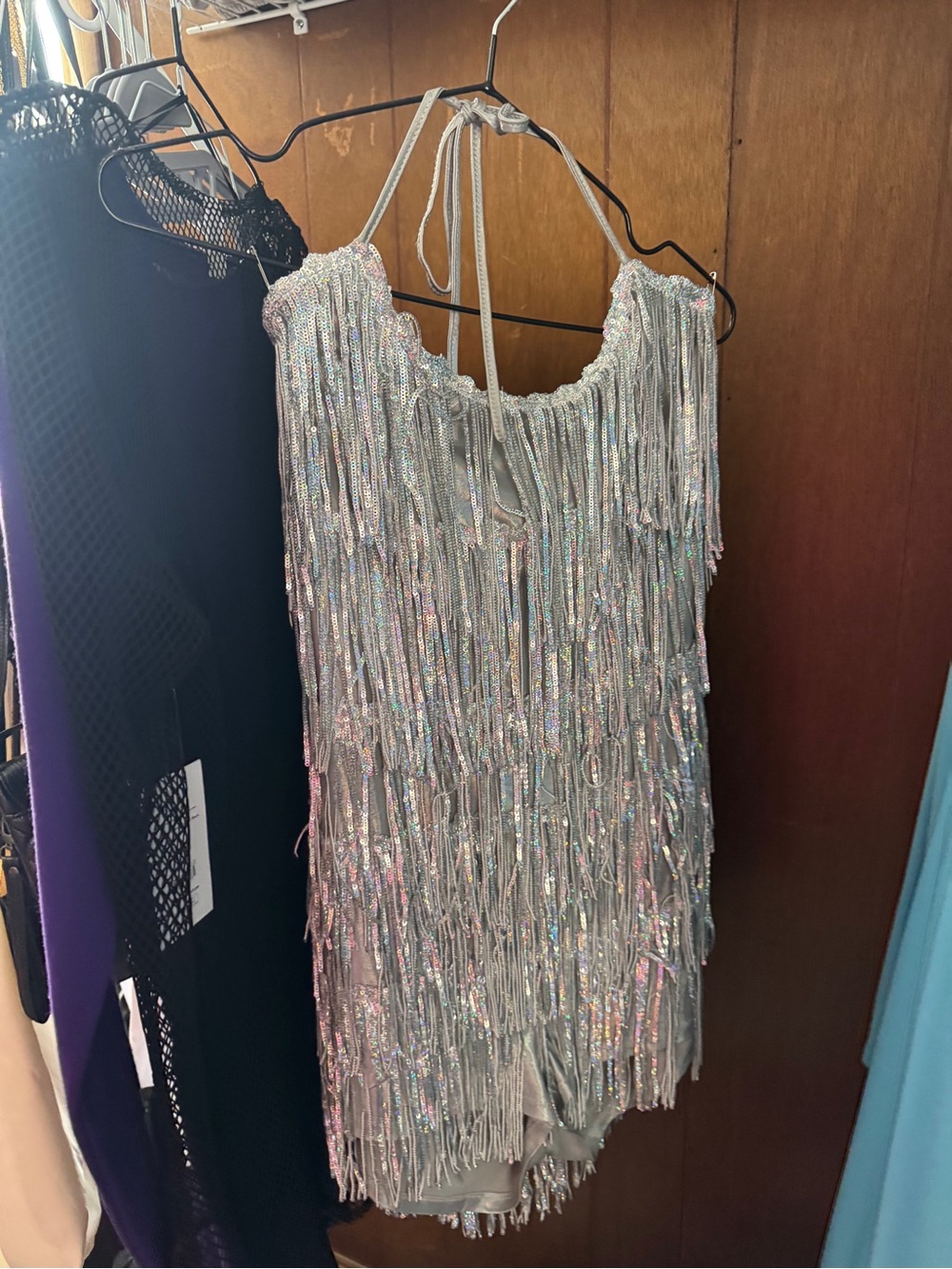 AKIRA Silver Iridescent Fringe Halter Romper